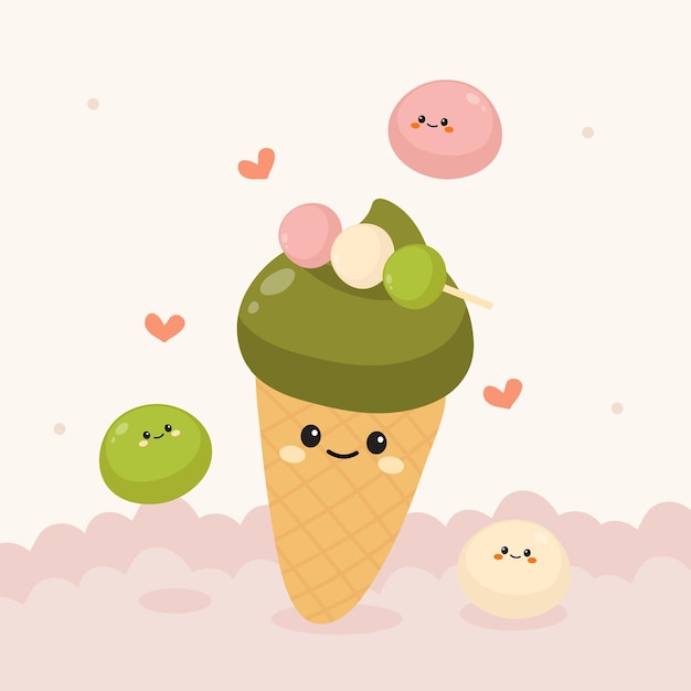 Ilustración de personajes de helados de matcha dibujados a mano