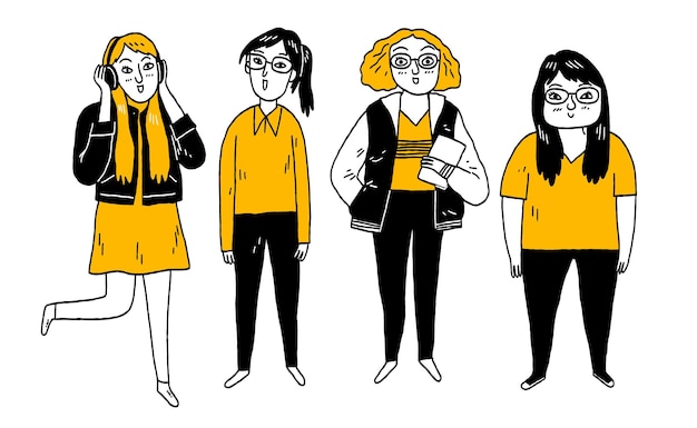 Ilustración de personajes lindos de diferentes personas en varios trajes Arte de líneas delgadas