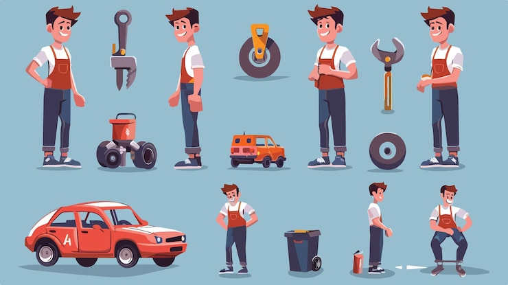 Vector ilustración de personajes de mecánicos automáticos profesionales para animación de servicios de reparación de automóviles