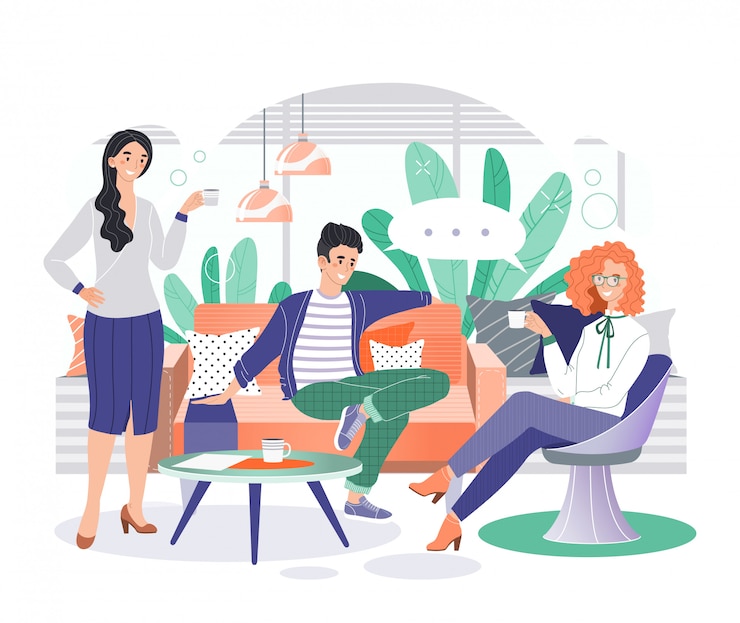 Vector ilustración de personajes de negocios de oficina, dibujos animados sonrientes empresarios reunidos en acogedor interior de coworking en blanco