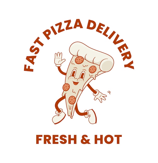 Ilustración de personajes de reparto de pizzas de dibujos animados retro Mascota de pizzería vintage Nostalgia años 90 años 70 años 80 años