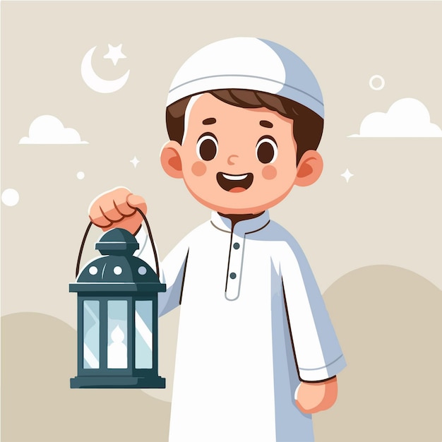 Ilustración de personajes de Vector Cute Boy musulmán de Ramadán