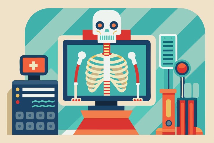 Vector una ilustración personalizable muestra un esqueleto mostrado en un monitor con varias herramientas médicas en un entorno clínico que destaca la tecnología de radiografía