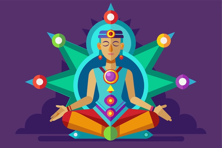 Vector una ilustración personalizable representa una figura meditativa con chakras alineados rodeados de símbolos coloridos que transmiten tranquilidad y equilibrio