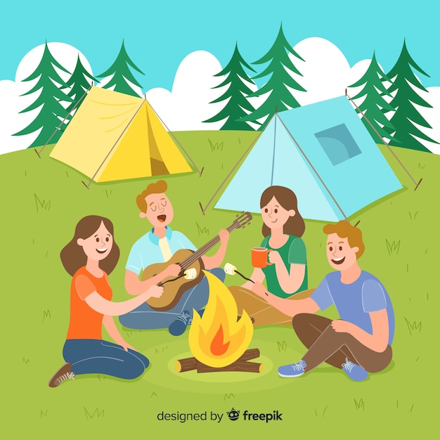 Vector ilustración de personas acampando en la naturaleza