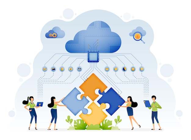 Ilustración de personas asistidas por inteligencia artificial que resuelven problemas de acertijos con aprendizaje automático en bases de datos en la nube