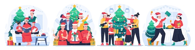 Vector ilustración de personas celebrando la fiesta de invierno de navidad con un árbol de navidad y regalos