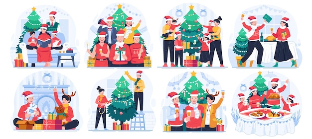 Vector ilustración de personas celebrando la fiesta de invierno de navidad con un árbol de navidad y regalos