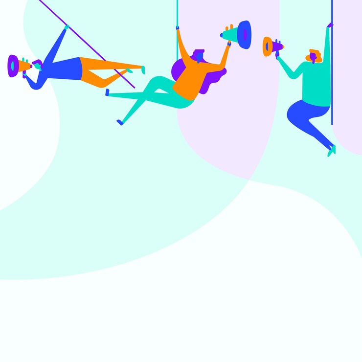 Vector ilustración de personas colgadas en el techo con megáfonos haciendo un nuevo anuncio. dibujo de líneas de equipo balanceándose en la parte superior con megáfono para promover anuncios tardíos.