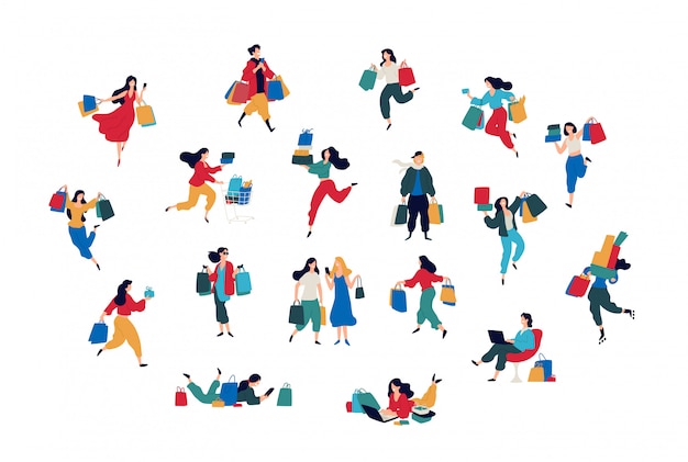 Ilustración de personas con las compras. Vector. Hombres y mujeres compraron cosas.
