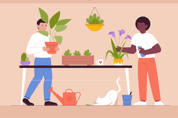 Ilustración de personas cuidando plantas.