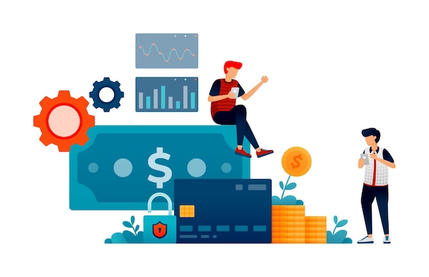 Ilustración de personas discutiendo el análisis y la toma de decisiones de inversión financiera para aumentar las ganancias de los fondos de depósito bancario Se puede usar para anuncios de revistas de aplicaciones móviles de carteles de sitios web
