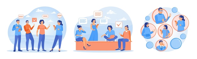 Ilustración de personas diversas que participan en la comunicación activa y las redes sociales