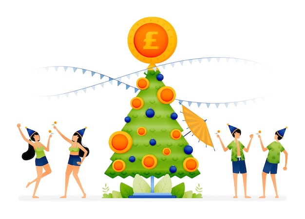 Ilustración de personas de fiesta en la playa con un árbol de navidad decorado con lámparas y monedas diseñado para la página de destino del sitio web volante banner aplicaciones folleto empresa de medios de inicio