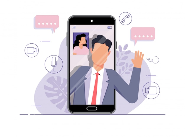 Ilustración de personas hablando en línea a través de un teléfono móvil con tecnología de video chat