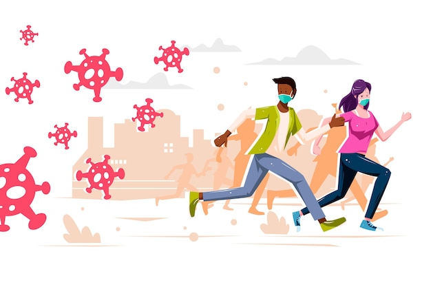 Ilustración de personas huyendo de partículas de coronavirus.