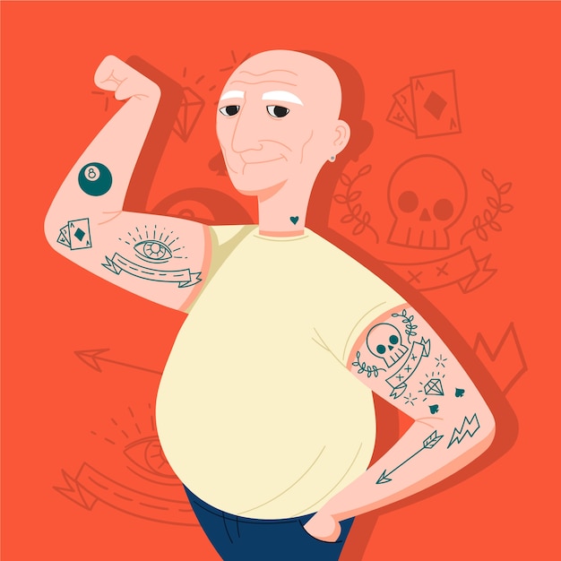 Vector ilustración de personas mayores tatuadas de diseño plano