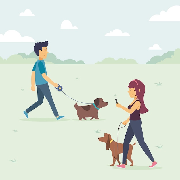 Ilustración de personas paseando al perro