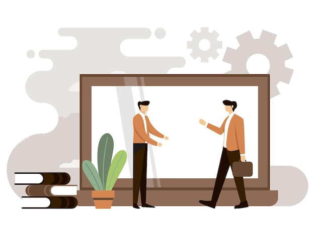 Ilustración de personas planas con escena de personas en estilo de dibujos animados planos dos hombres de pie analizando negocios