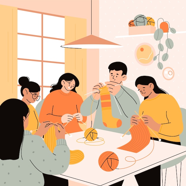 Ilustración de personas planas tejiendo