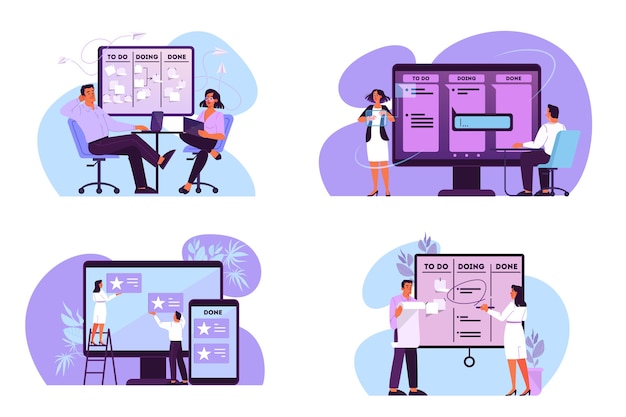 Ilustración de personas planificar su horario, tarea prioritaria y comprobación de una agenda. una idea del tablero kanban, gestión del tiempo