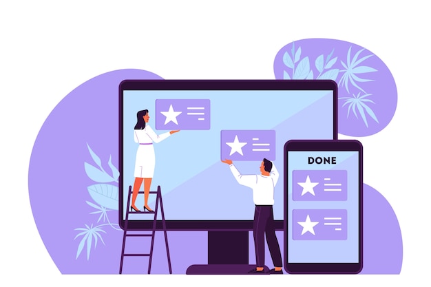 Ilustración de personas planificar su horario, tarea prioritaria y comprobación de una agenda. Mujer y hombre trabajando en pantalla grande. Una idea del tablero Kanban, gestión del tiempo