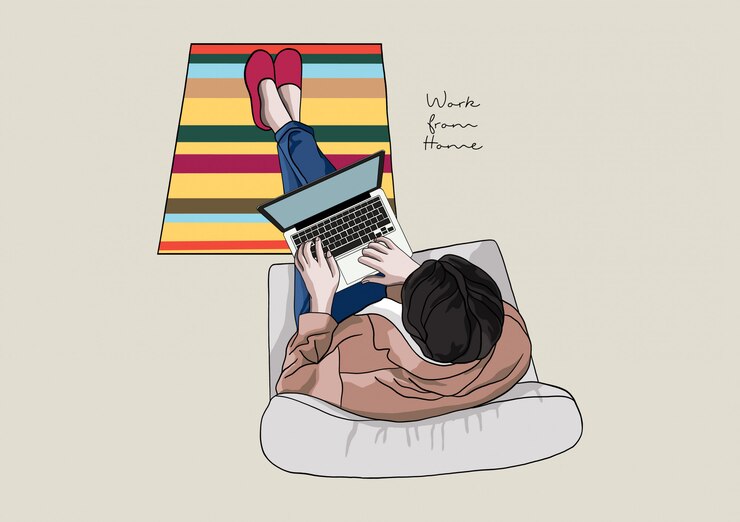 Ilustración de personas que trabajan desde casa durante la pandemia de COVID-19, distanciamiento social, quedarse en casa, mantenerse a salvo