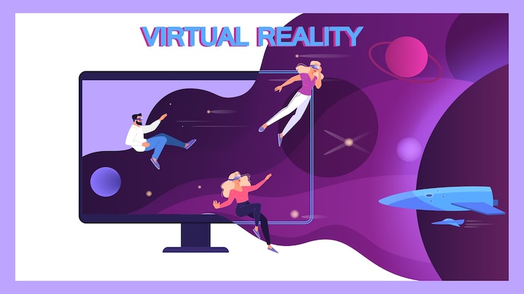 Vector ilustración de personas que utilizan unas gafas de realidad virtual. concepto de tecnología vr para educación y simulación de juegos. manera futurista de entretenimiento.