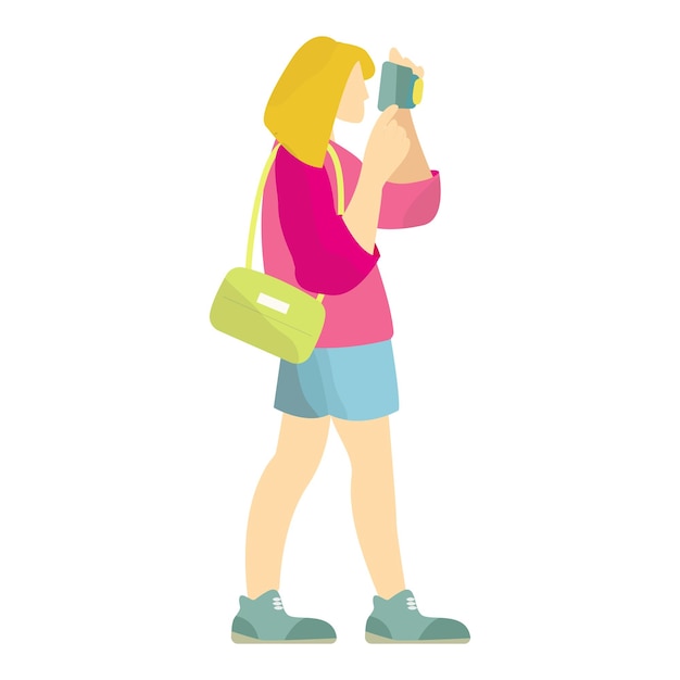 ilustración de personas que viajan con accesorios, cámaras y maletas. Personajes turísticos.