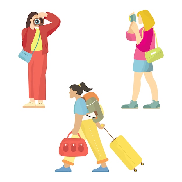 Vector ilustración de personas que viajan con accesorios, cámaras y maletas.