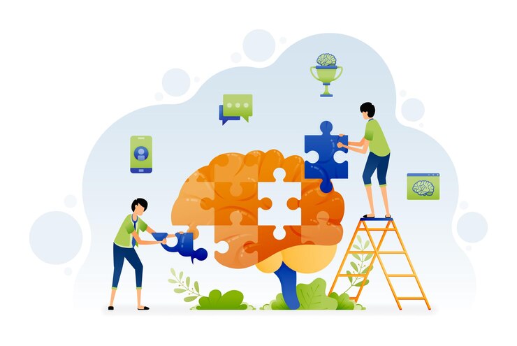 Vector ilustración de personas resolviendo problemas de acertijos en forma de cerebro con inteligencia cerebral resolución de problemas con lluvia de ideas el diseño puede ser para la página de inicio sitio web póster banner aplicaciones web anuncios de redes sociales