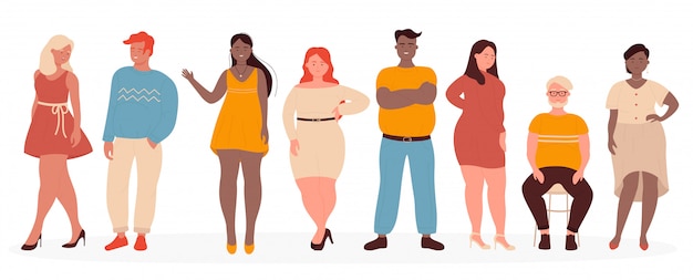 Ilustración de personas con sobrepeso. Personajes de dibujos animados plano hombre mujer modelo con ropa casual de pie en fila, más tamaño chico y chica sonriendo, cuerpo lindo personas positivas conjunto aislado en blanco