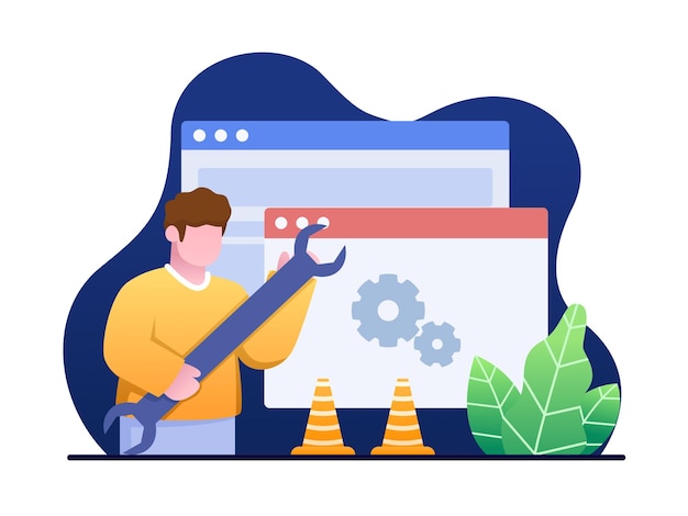 Ilustración las personas usan una llave para hacer mantenimiento un concepto de sitio web mantenimiento del sistema de software