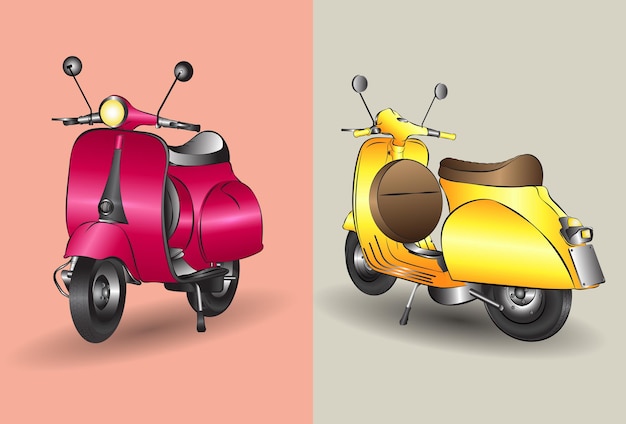 Ilustración de perspectiva de scooter antiguo vectores de colores rojo y amarillo