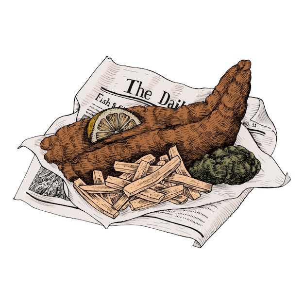 Ilustración de pescado y patatas fritas