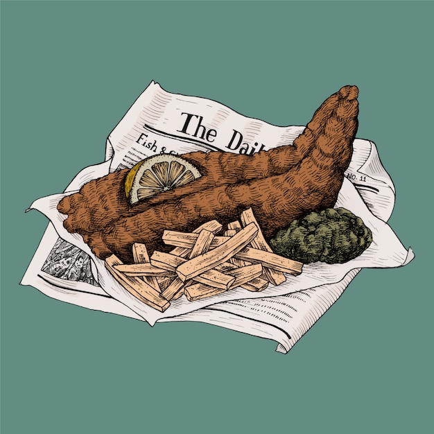 Ilustración de pescado y patatas fritas