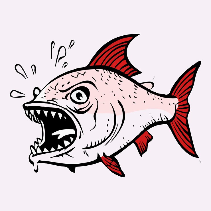 Ilustración de pescado Una piranha enojada arte de línea de pescado en el estilo de dibujo de línea estilo caricaturesco
