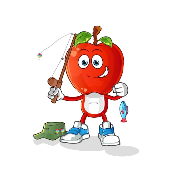 Ilustración de pescador de dibujos animados de cabeza de manzana. vector de caracteres