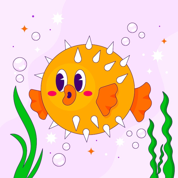 Vector ilustración de pez globo de dibujos animados dibujados a mano