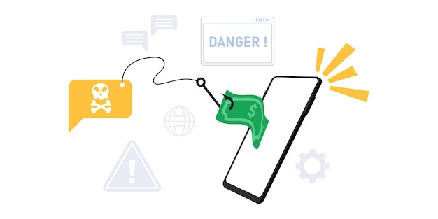 Ilustración de phishing del mensaje al teléfono inteligente robando dinero