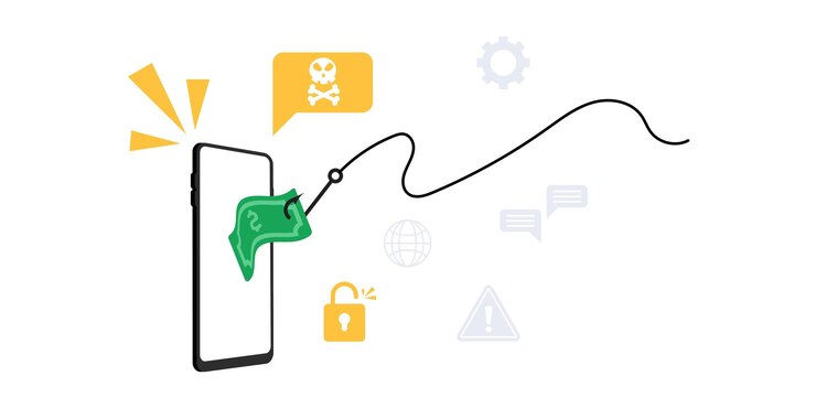 Vector ilustración de phishing del mensaje al teléfono inteligente robando dinero