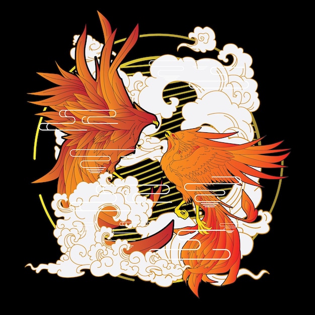 Vector ilustración de phoenix con fondo de estilo japonés