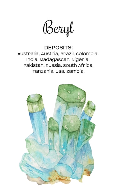 Ilustración de piedra de berilo acuarela con efecto de rayas rebanada de piedra preciosa mineral azul y verde