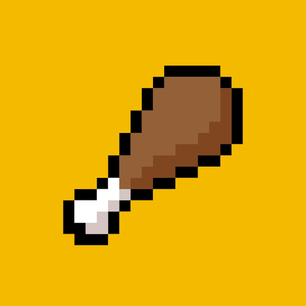 Ilustración de pierna de pollo de 8 bits de fondo amarillo objeto aislado