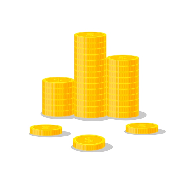 Ilustración de la pila de monedas, montón de finanzas planas icono, pila de monedas de dólar. Dinero dorado de pie sobre una pieza de oro apilada aislada sobre fondo blanco - estilo plano