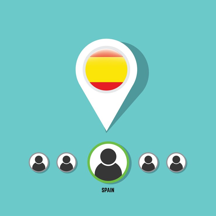 Vector ilustración de pin de icono con la bandera del país de españa estilizada en el círculo