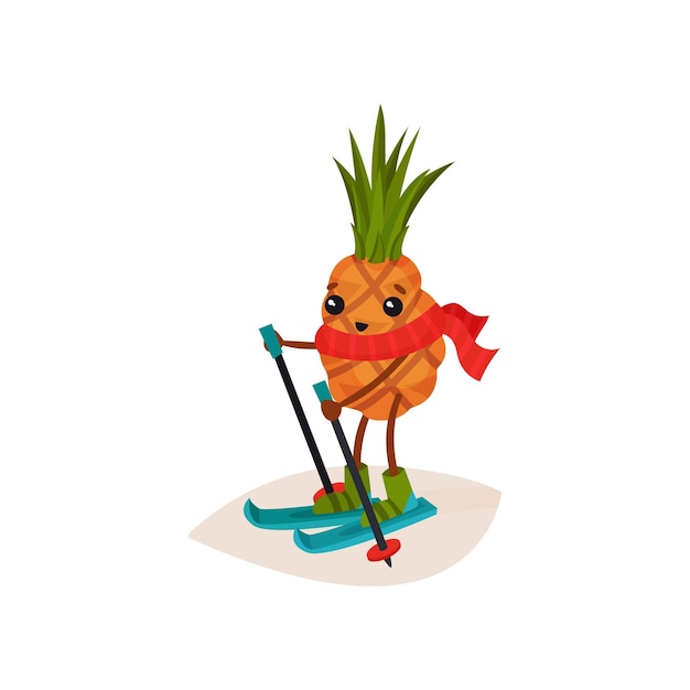 Ilustración de una piña feliz en esquís Personaje de dibujos animados gracioso de fruta tropical en una bufanda roja brillante Actividad física Deporte de esquí Icono vectorial colorido en estilo plano aislado en fondo blanco