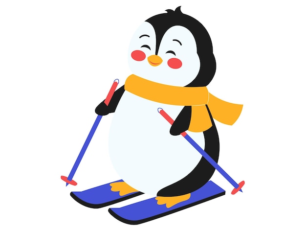 Ilustración de un pingüino feliz esquiando