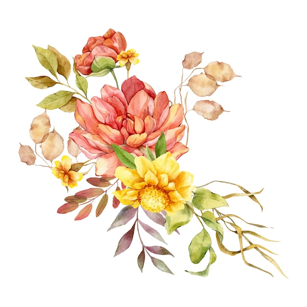 Ilustración pintada a mano del ramo floral de otoño en acuarela