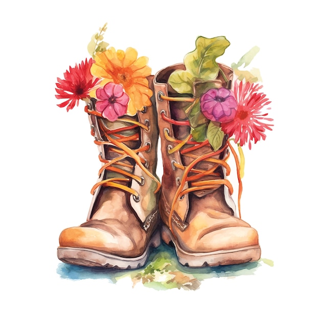 Ilustración de pintura de acuarela de botas florales